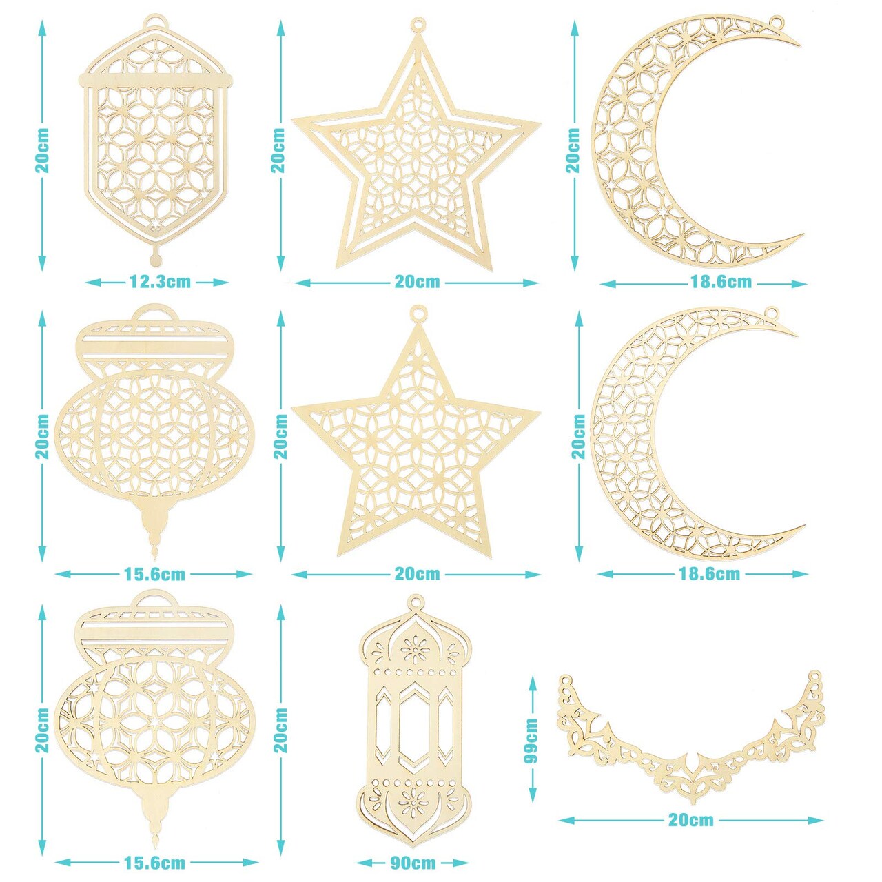 9 PCS Wooden Pendant Ornament Ramadan Kareem Hollow Decoration Moon Star Wind Light Shape Pendant Ornament Happy Eid Hanging Sign for Ramadan Mubarak Eid Party Decorations
